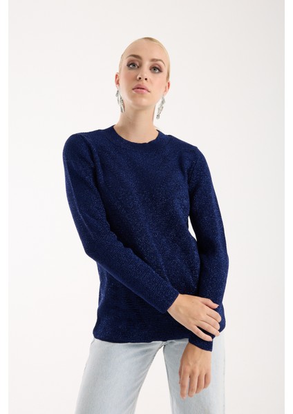 Kadın Koyu Laci Selanik Örgü Bisiklet Yaka Simli Triko Kazak modelleri