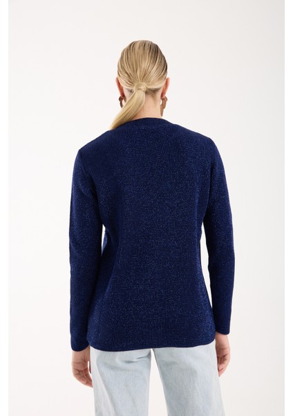 Kadın Koyu Laci Selanik Örgü Bisiklet Yaka Simli Triko Kazak