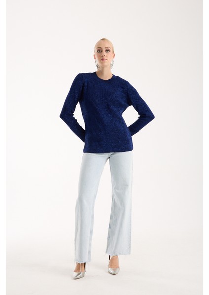 Kadın Koyu Laci Selanik Örgü Bisiklet Yaka Simli Triko Kazak