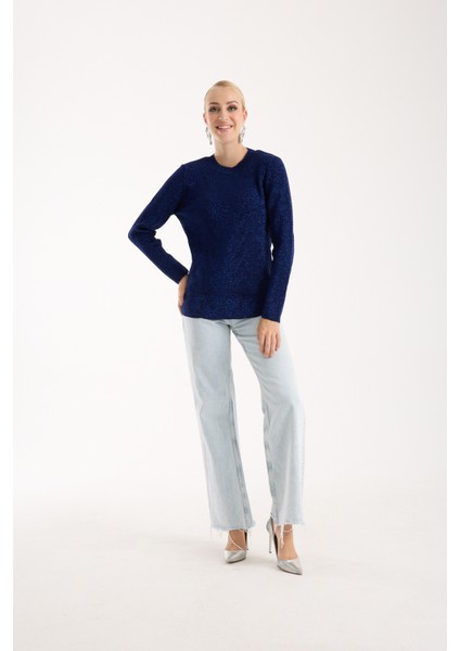 Kadın Koyu Laci Selanik Örgü Bisiklet Yaka Simli Triko Kazak