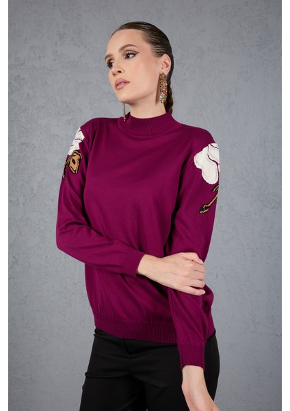 Kadın Mürdüm Elit Viskon Kumaş Taş Detaylı Omuzlar Yarım Balıkçı Yaka Triko Bluz fiyatları