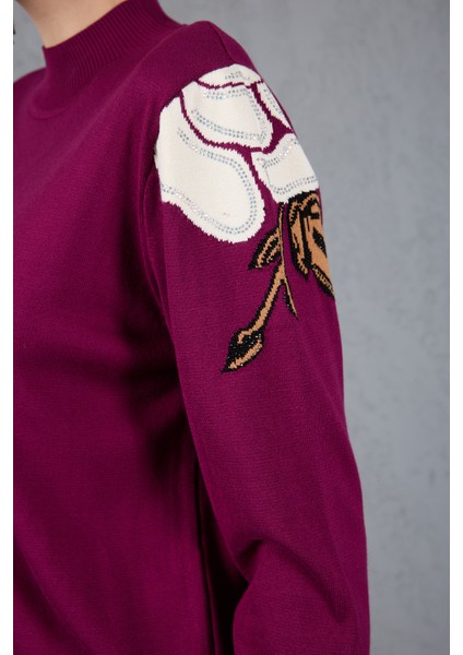 Kadın Mürdüm Elit Viskon Kumaş Taş Detaylı Omuzlar Yarım Balıkçı Yaka Triko Bluz modelleri