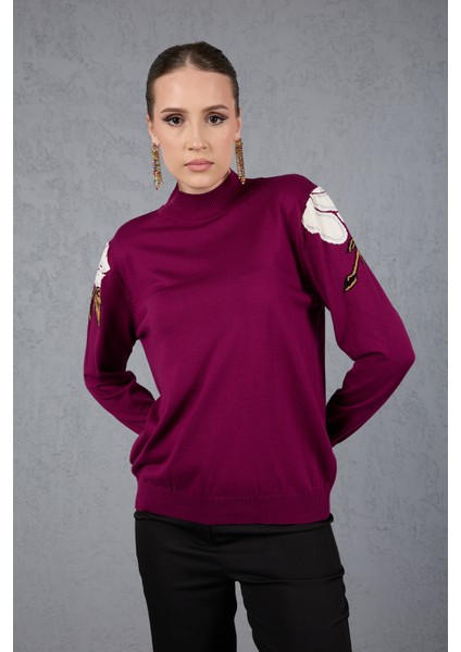 Kadın Mürdüm Elit Viskon Kumaş Taş Detaylı Omuzlar Yarım Balıkçı Yaka Triko Bluz fırsatları