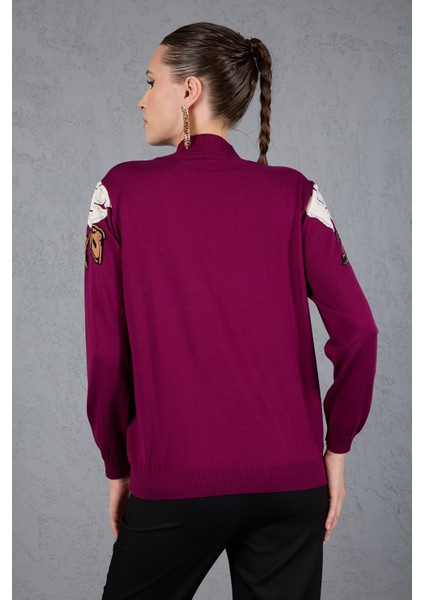 Kadın Mürdüm Elit Viskon Kumaş Taş Detaylı Omuzlar Yarım Balıkçı Yaka Triko Bluz indirimleri