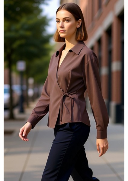 Kadın Kruvaze Bağlama Detaylı Uzun Kollu Dokuma Gömlek Modern Şıklık Fonksiyonel Dayanıklı