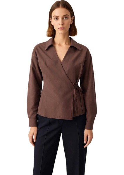 Kadın Kruvaze Bağlama Detaylı Uzun Kollu Dokuma Gömlek Modern Şıklık Fonksiyonel Dayanıklı fırsatları