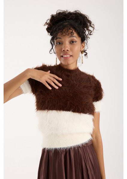 Kadın Kahve-Ekru Sakal Iplik Iki Renkli Kısa Kollu Bisiklet Yaka Triko Kazak fiyatları