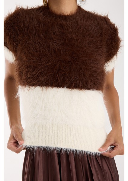 Kadın Kahve-Ekru Sakal Iplik Iki Renkli Kısa Kollu Bisiklet Yaka Triko Kazak fırsatları