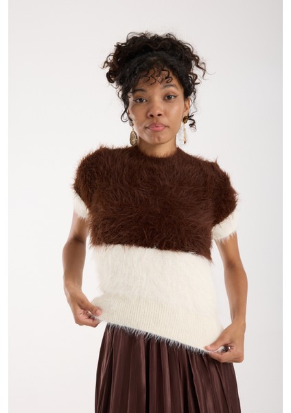 Kadın Kahve-Ekru Sakal Iplik Iki Renkli Kısa Kollu Bisiklet Yaka Triko Kazak indirimleri