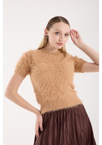 Kadın Bej Sakal Iplik Kısa Kollu Bisiklet Yaka Triko Kazak