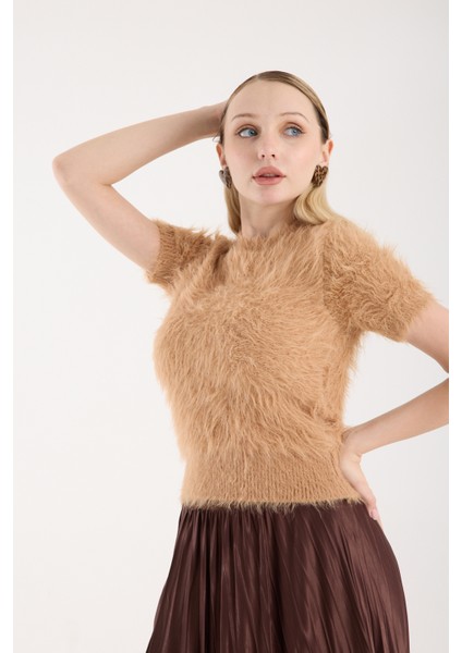 Kadın Bej Sakal Iplik Kısa Kollu Bisiklet Yaka Triko Kazak fiyatları