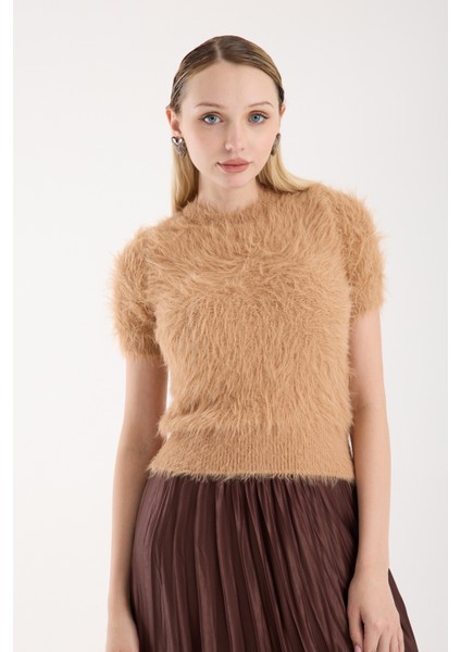 Kadın Bej Sakal Iplik Kısa Kollu Bisiklet Yaka Triko Kazak fırsatları