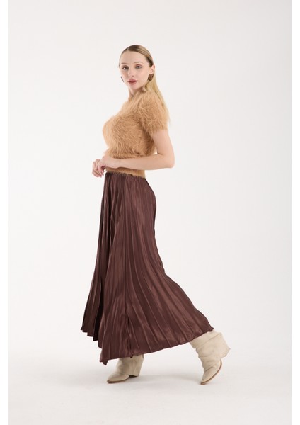 Kadın Bej Sakal Iplik Kısa Kollu Bisiklet Yaka Triko Kazak