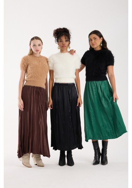 Kadın Bej Sakal Iplik Kısa Kollu Bisiklet Yaka Triko Kazak