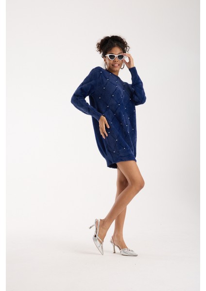 Kadın Koyu Laci Sakal Iplik Taş Detaylı Bisiklet Yaka Triko Kazak