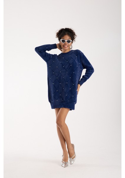 Kadın Koyu Laci Sakal Iplik Taş Detaylı Bisiklet Yaka Triko Kazak fiyatları