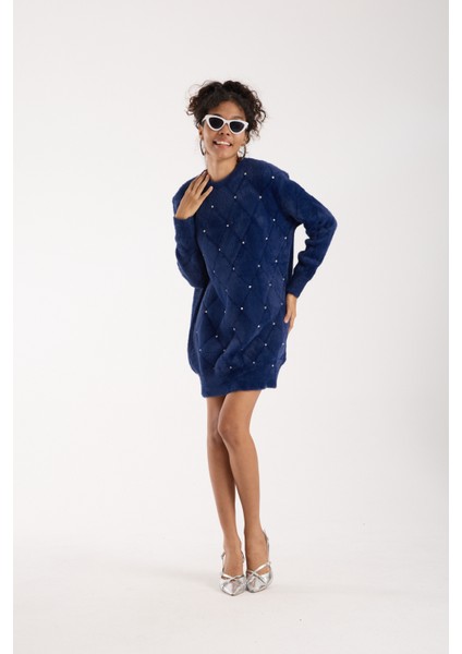 Kadın Koyu Laci Sakal Iplik Taş Detaylı Bisiklet Yaka Triko Kazak modelleri