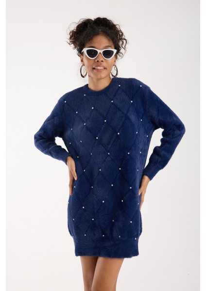 Kadın Koyu Laci Sakal Iplik Taş Detaylı Bisiklet Yaka Triko Kazak indirimleri