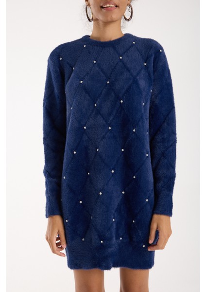 Kadın Koyu Laci Sakal Iplik Taş Detaylı Bisiklet Yaka Triko Kazak