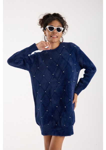 Kadın Koyu Laci Sakal Iplik Taş Detaylı Bisiklet Yaka Triko Kazak