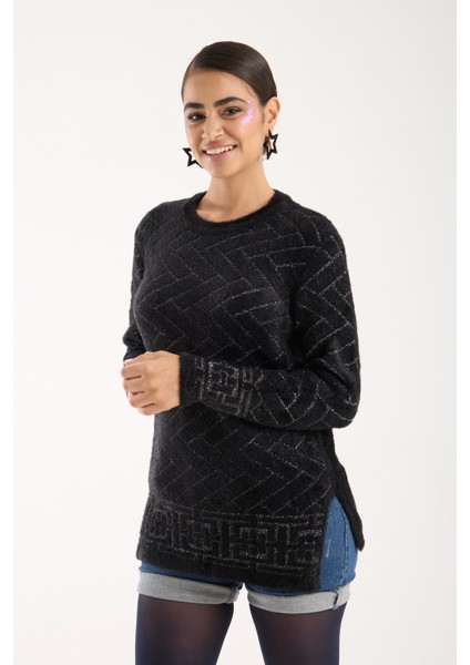 Kadın Siyah Simli Sakal Iplik Yan Yırtmaçlı Bisiklet Yaka Triko Kazak fiyatları