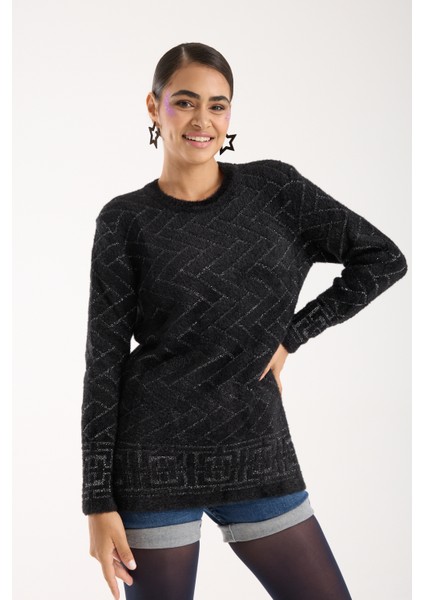 Kadın Siyah Simli Sakal Iplik Yan Yırtmaçlı Bisiklet Yaka Triko Kazak modelleri