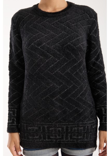 Kadın Siyah Simli Sakal Iplik Yan Yırtmaçlı Bisiklet Yaka Triko Kazak fırsatları