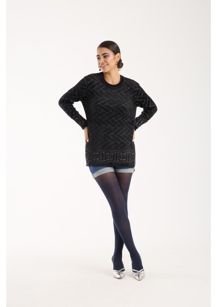 Kadın Siyah Simli Sakal Iplik Yan Yırtmaçlı Bisiklet Yaka Triko Kazak