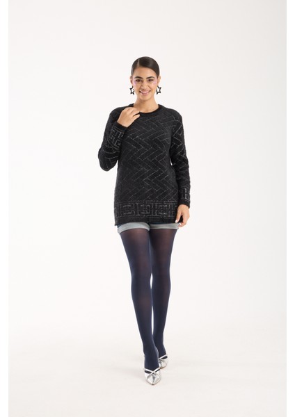 Kadın Siyah Simli Sakal Iplik Yan Yırtmaçlı Bisiklet Yaka Triko Kazak