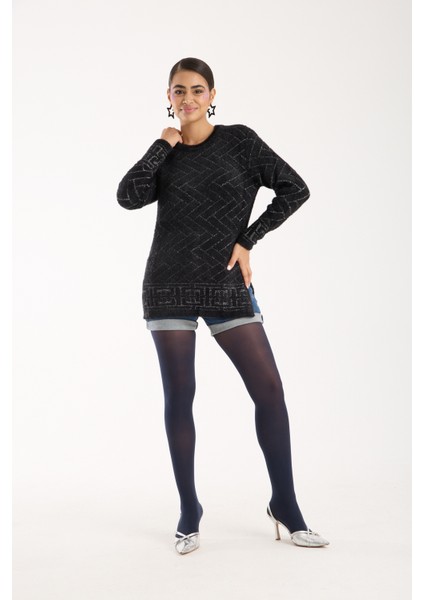Kadın Siyah Simli Sakal Iplik Yan Yırtmaçlı Bisiklet Yaka Triko Kazak