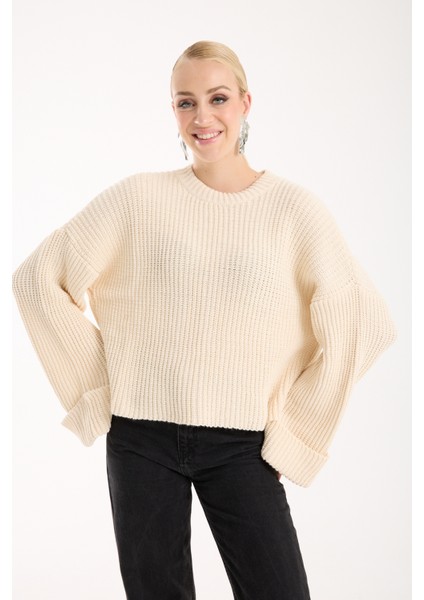 Kadın Ekru Selanik Örgü Bisiklet Yaka Simli Oversize Triko Kazak