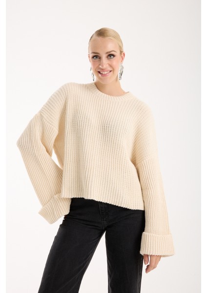 Kadın Ekru Selanik Örgü Bisiklet Yaka Simli Oversize Triko Kazak fiyatları