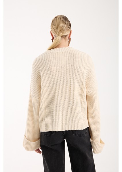 Kadın Ekru Selanik Örgü Bisiklet Yaka Simli Oversize Triko Kazak indirimleri