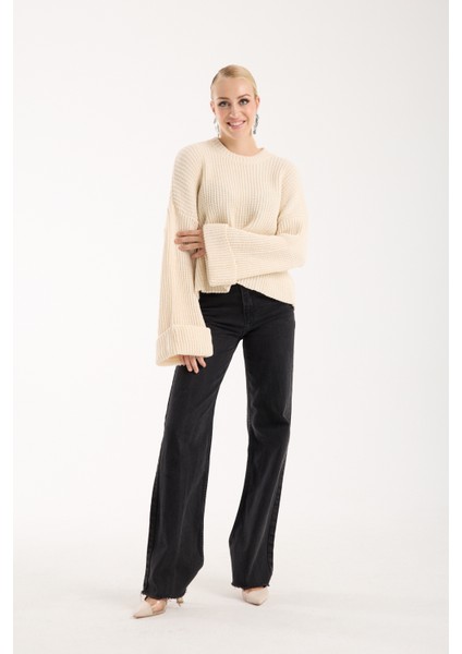 Kadın Ekru Selanik Örgü Bisiklet Yaka Simli Oversize Triko Kazak