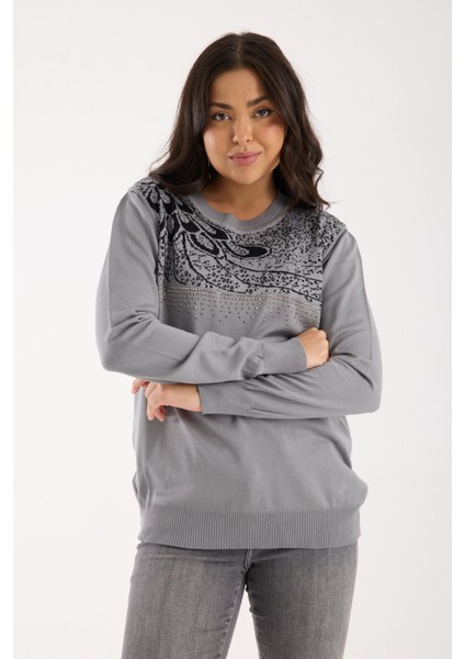 Kadın Gri Elit Viskon Kumaş Taş Detaylı Bisiklet Yaka Triko Bluz fiyatları