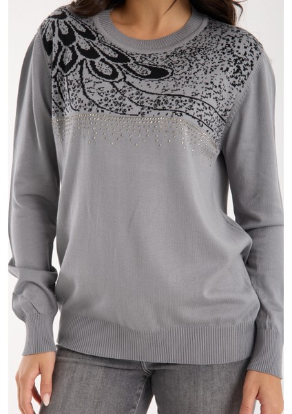 Kadın Gri Elit Viskon Kumaş Taş Detaylı Bisiklet Yaka Triko Bluz modelleri