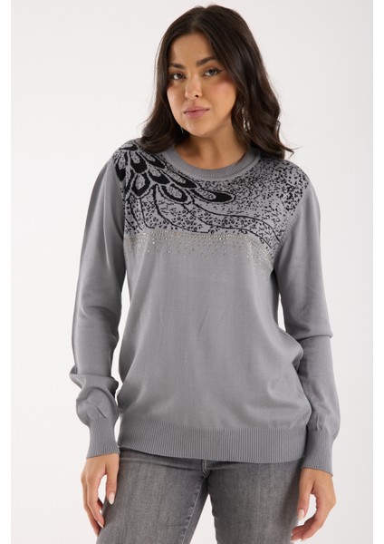 Kadın Gri Elit Viskon Kumaş Taş Detaylı Bisiklet Yaka Triko Bluz fırsatları