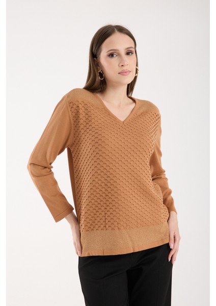 Kadın Bej Viskon Kumaş V Yaka Simli Triko Bluz fiyatları