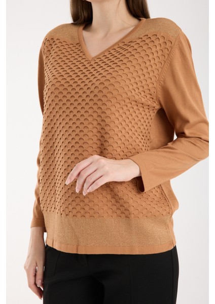 Kadın Bej Viskon Kumaş V Yaka Simli Triko Bluz modelleri