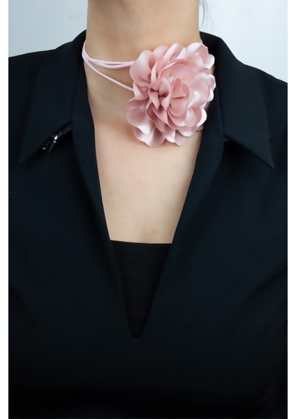 Bağcıklı Kumaş Çiçek Choker Gül Kolye