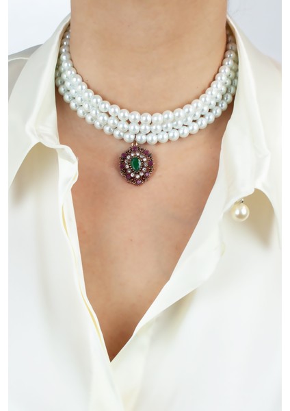 Üç Sıralı Bronz Uçlu Cam Inci Kolye fiyatları