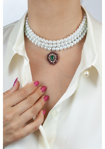 Üç Sıralı Bronz Uçlu Cam Inci Kolye modelleri