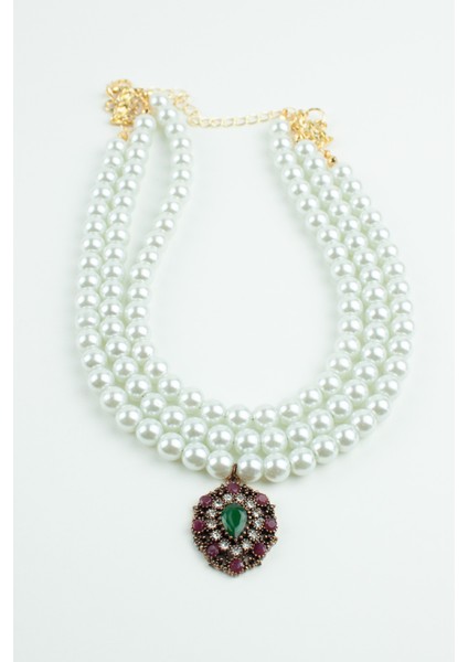 Üç Sıralı Bronz Uçlu Cam Inci Kolye fırsatları