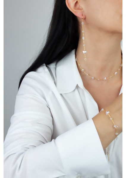 Kristal Taşlı Gold Ince Zincir Kolye Bileklik Küpe Set