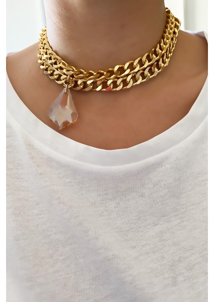 Çift Sıralı Asimetrik Kristal Uçlu Kolye