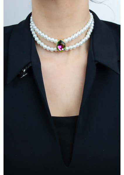 Cam Inci Çift Sıralı Kristal Taşlı Kolye