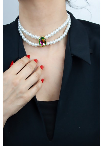 Cam Inci Çift Sıralı Kristal Taşlı Kolye modelleri