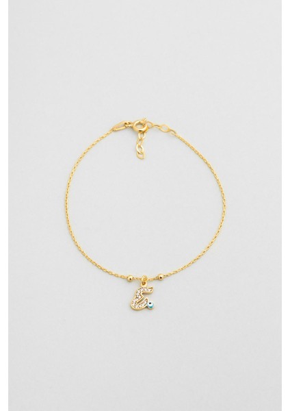 E Harfi 18 Ayar Sarı Altın Kaplama 19 cm Gümüş Nazar Bileklik