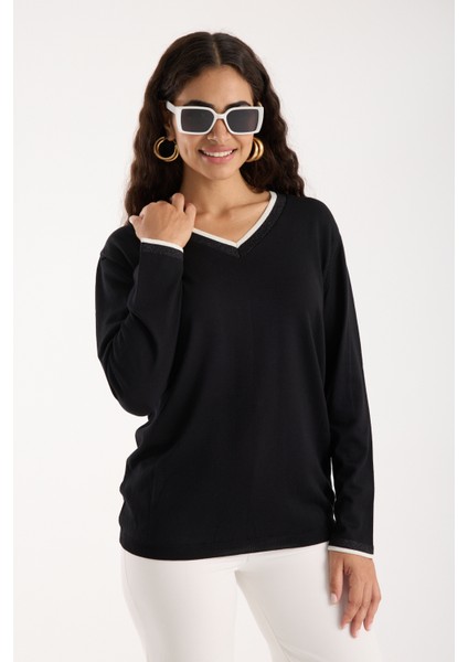 Kadın Siyah Elit Viskon Kumaş Kontrast Sim Biyeli V Yaka Triko Bluz
