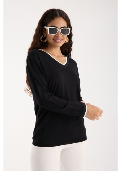 Kadın Siyah Elit Viskon Kumaş Kontrast Sim Biyeli V Yaka Triko Bluz fiyatları
